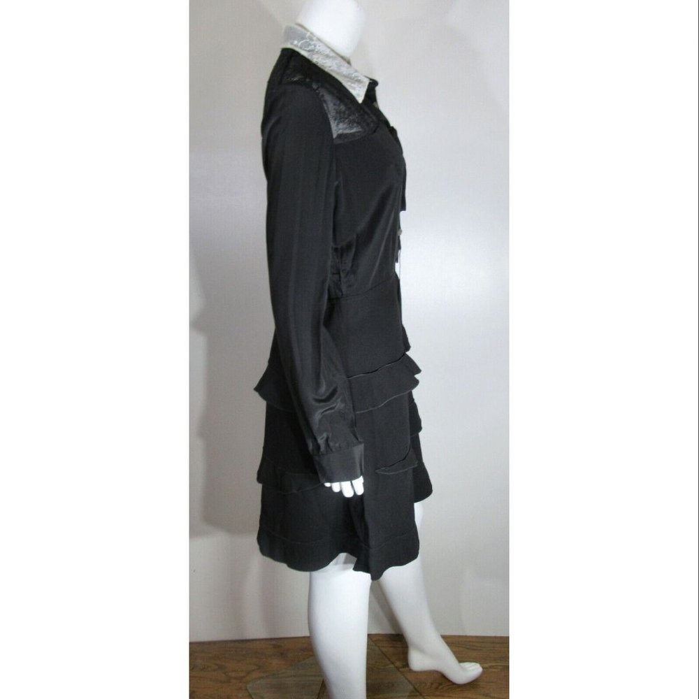 Kooples White Lace Collar Button Fron A-Line Ruffle Silk Black Dress Women's L - Picture 4 of 8